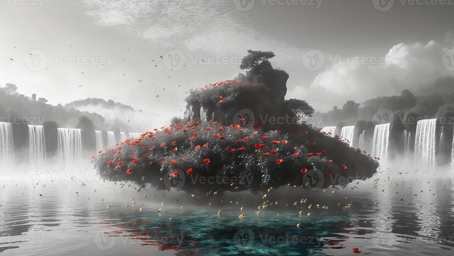 Floating Island with Red Flowers in a Waterfall Lake Setting photo