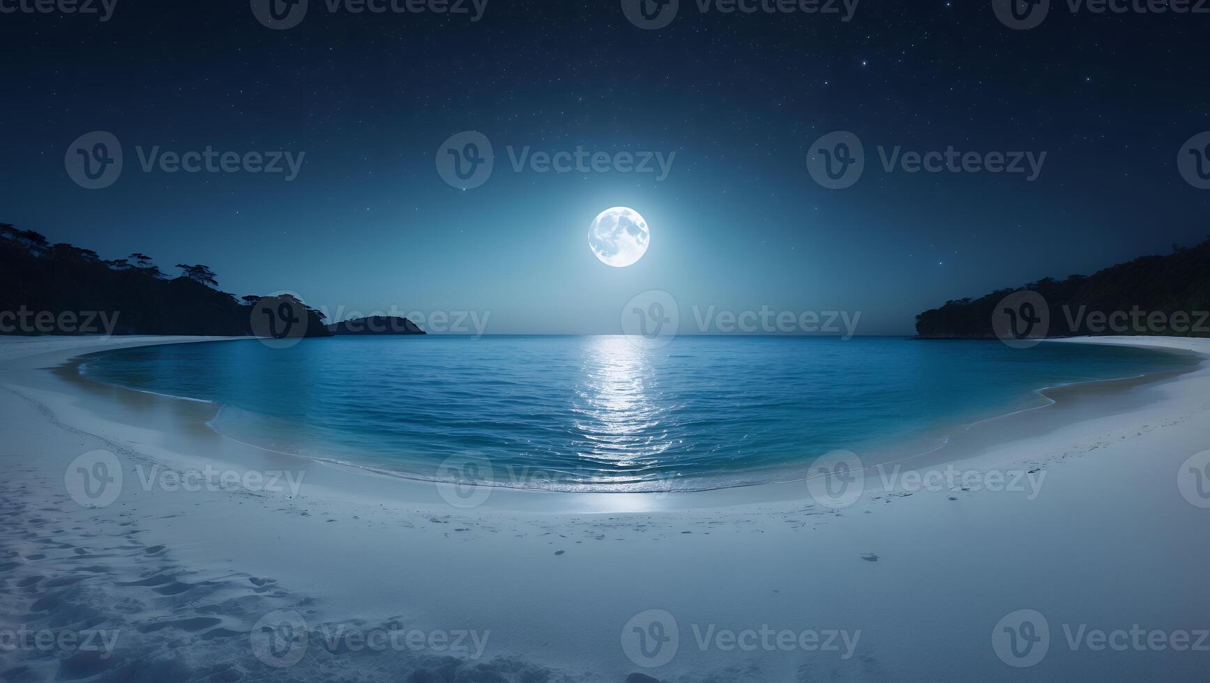 Moonlight Shining on Tranquil Beach Waters at Night with Starry Sky photo