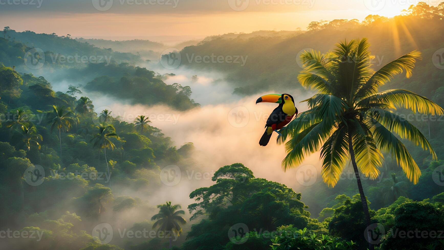 Toucan Perched on Palm Tree with Foggy Rainforest Landscape photo