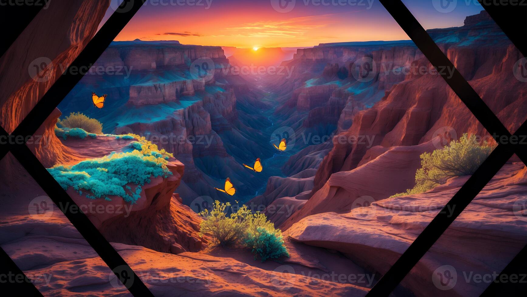 Flying Butterflies in Canyon Landscape at Sunset with Vibrant Sky photo
