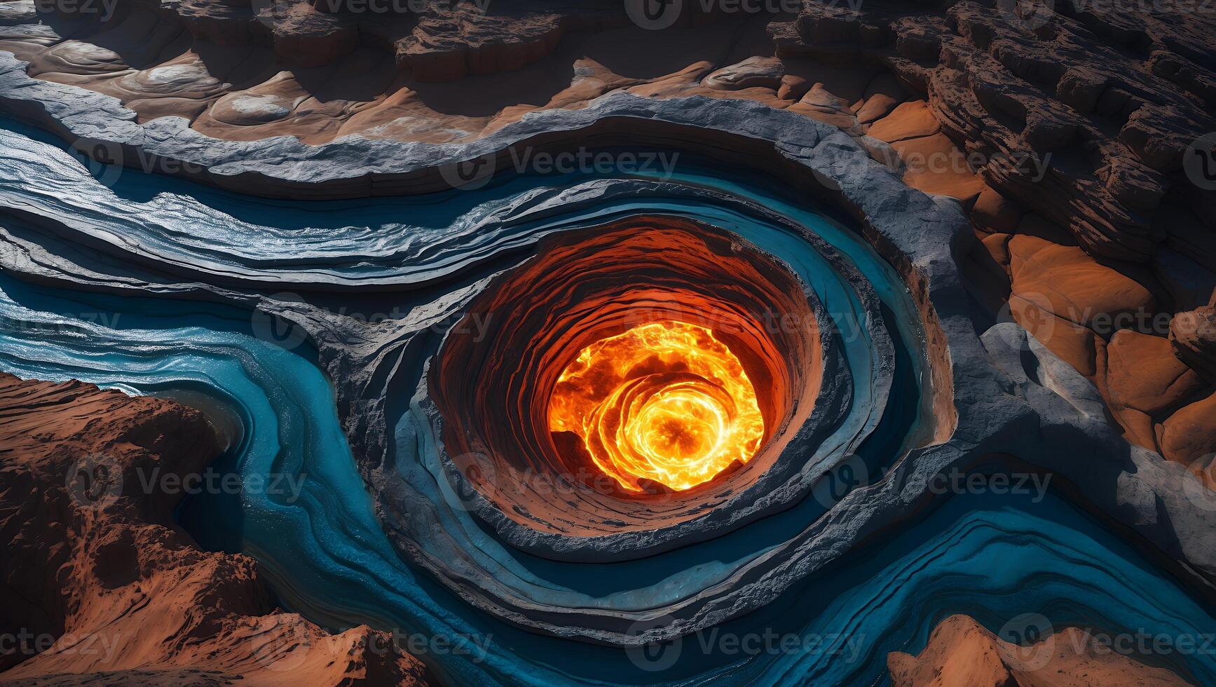 Glowing Fiery Vortex Surrounded by Water and Rocky Terrain photo