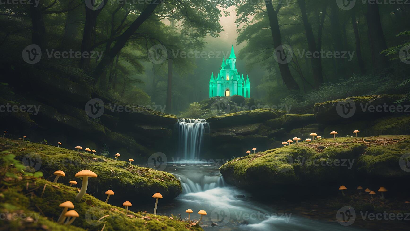 Waterfall and Glowing Castle in Enchanted Forest with Mossy Rocks photo