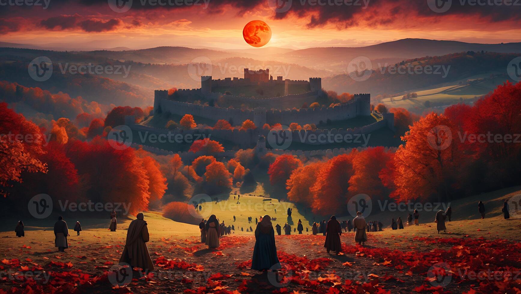 People Walking Towards a Distant Castle at Sunset with Autumn Foliage photo