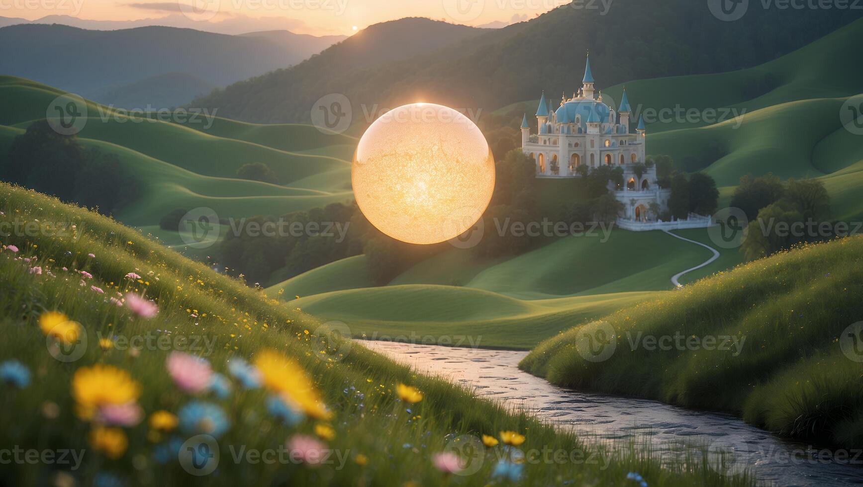 Glowing Orb Floats Above River Leading to Distant Castle at Sunset photo