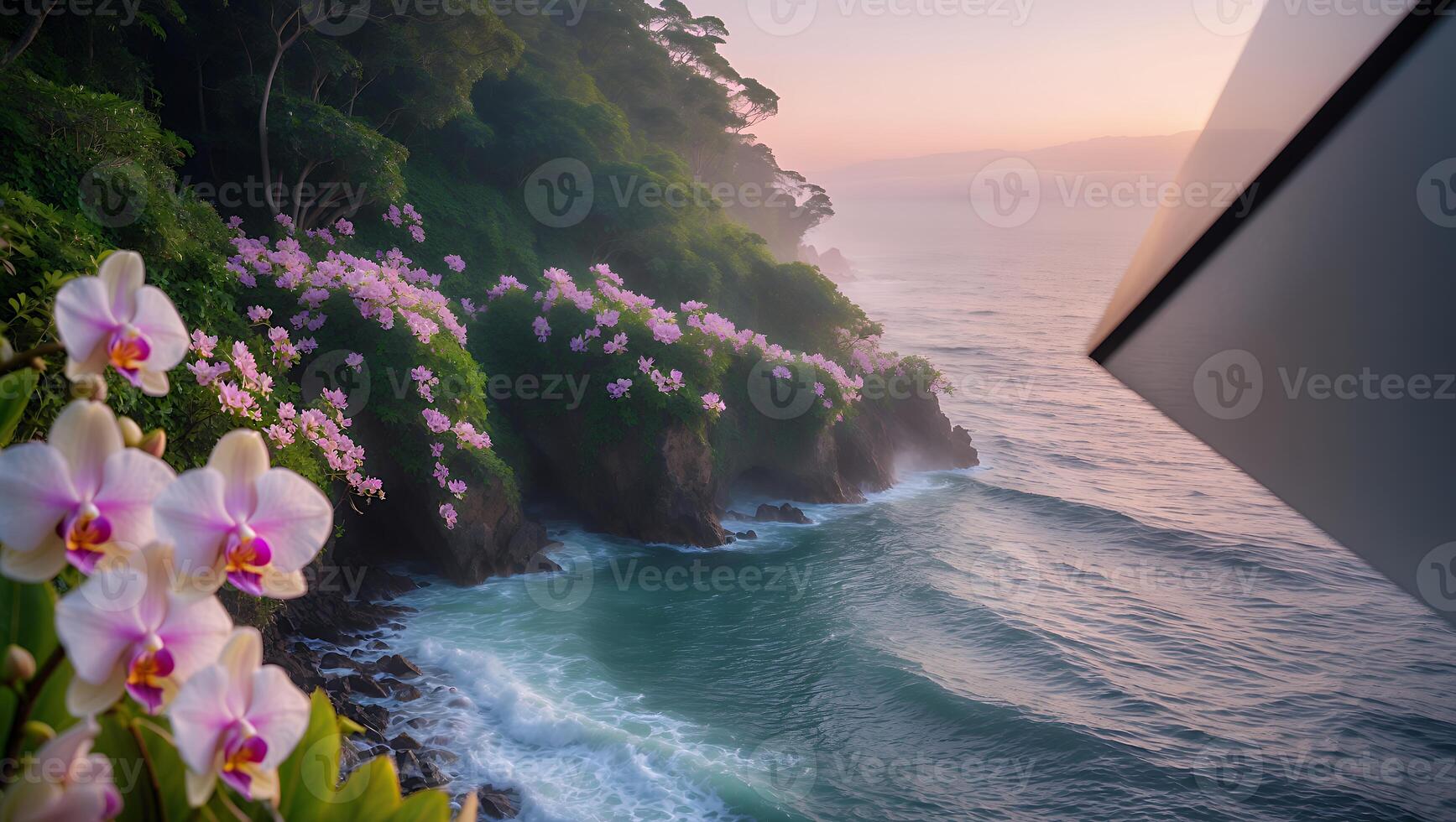 Coastal Cliffside with Pink Flowers and Ocean Waves at Sunrise photo