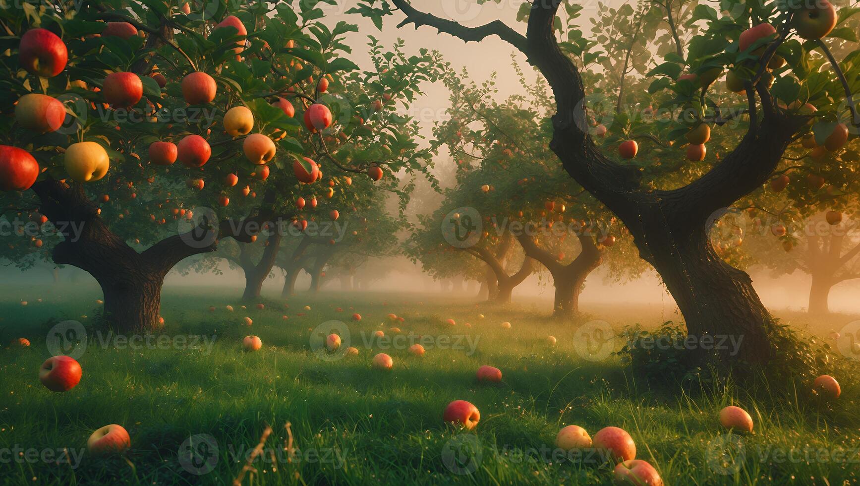 Walking Through an Apple Orchard with Fog and Scattered Fruit photo