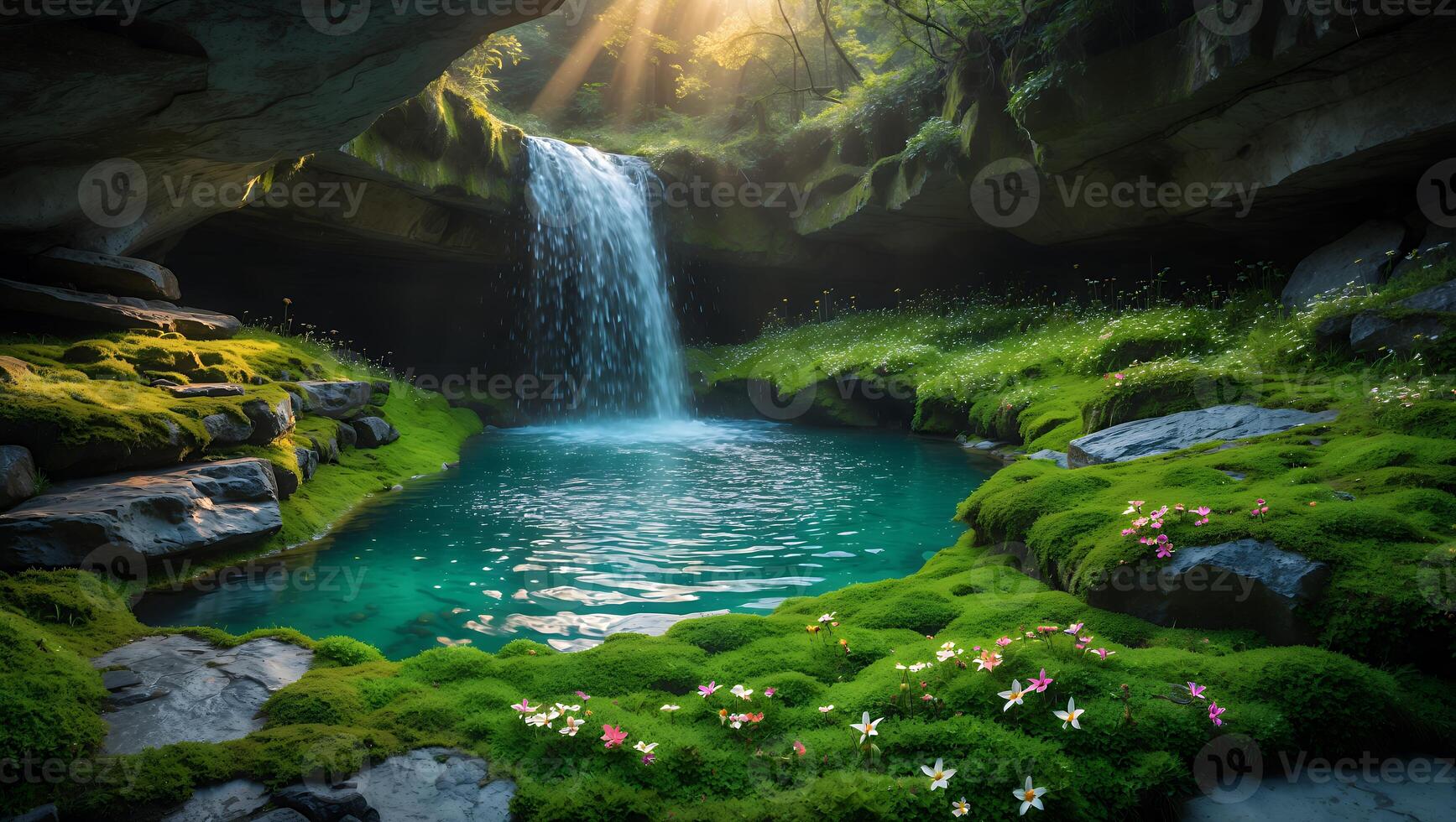 Waterfall Flowing Into Natural Pool with Mossy Rocks and Sunlight photo