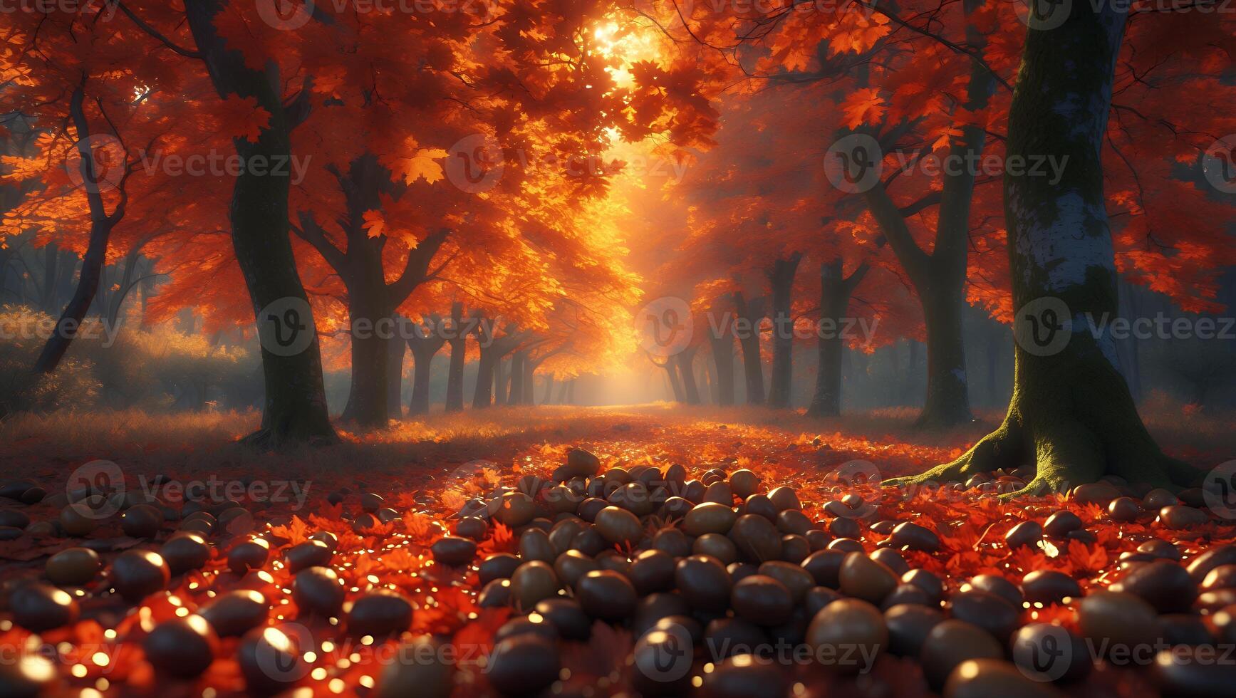 Autumn Forest Path with Leaves and Seeds Under Warm Sunlight photo