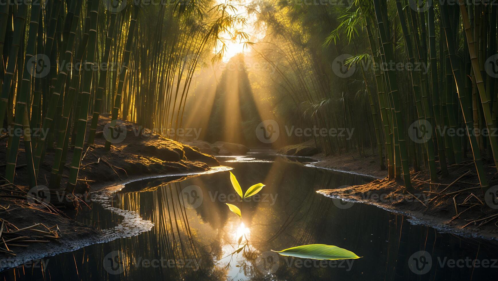 Tranquil River Flowing Through Bamboo Forest with Sunlight and Reflections photo