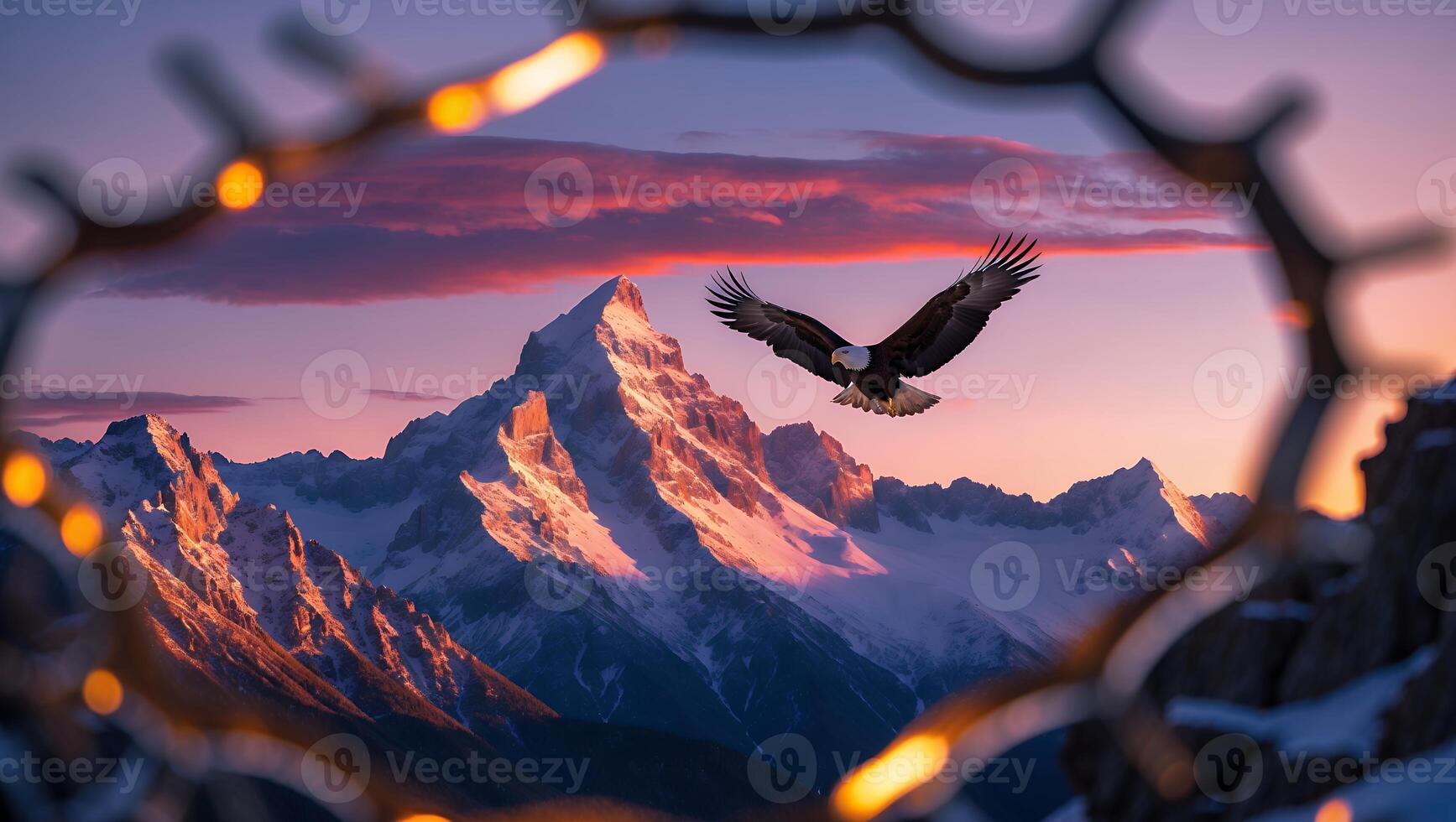 Eagle Soaring Over Snowy Mountain Peaks at Sunset Framed by Branches photo