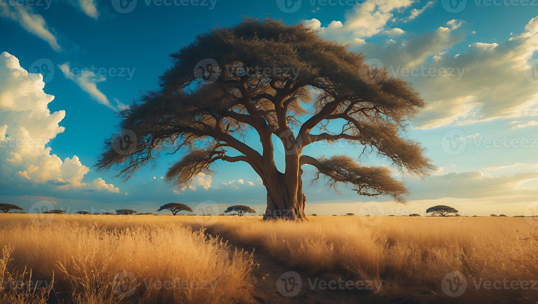 Lone Tree in Golden Grassland Under Blue Sky with Clouds photo