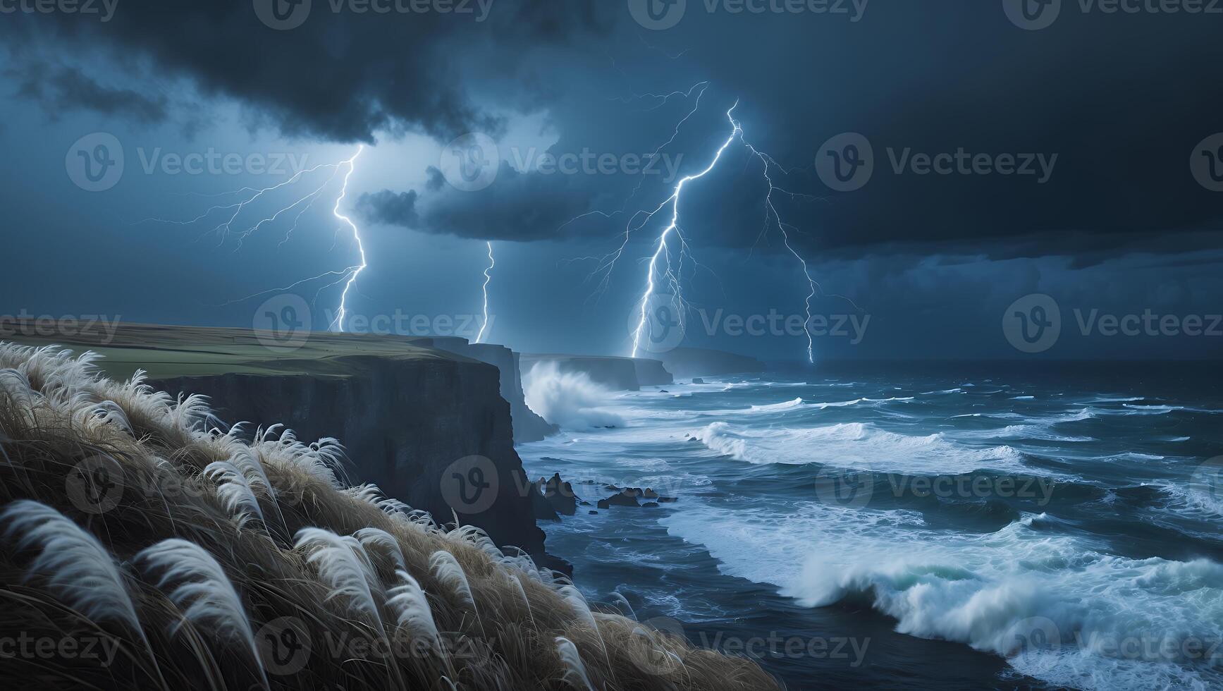 Lightning Strikes Over Ocean Cliffside with Dramatic Weather and Grass photo