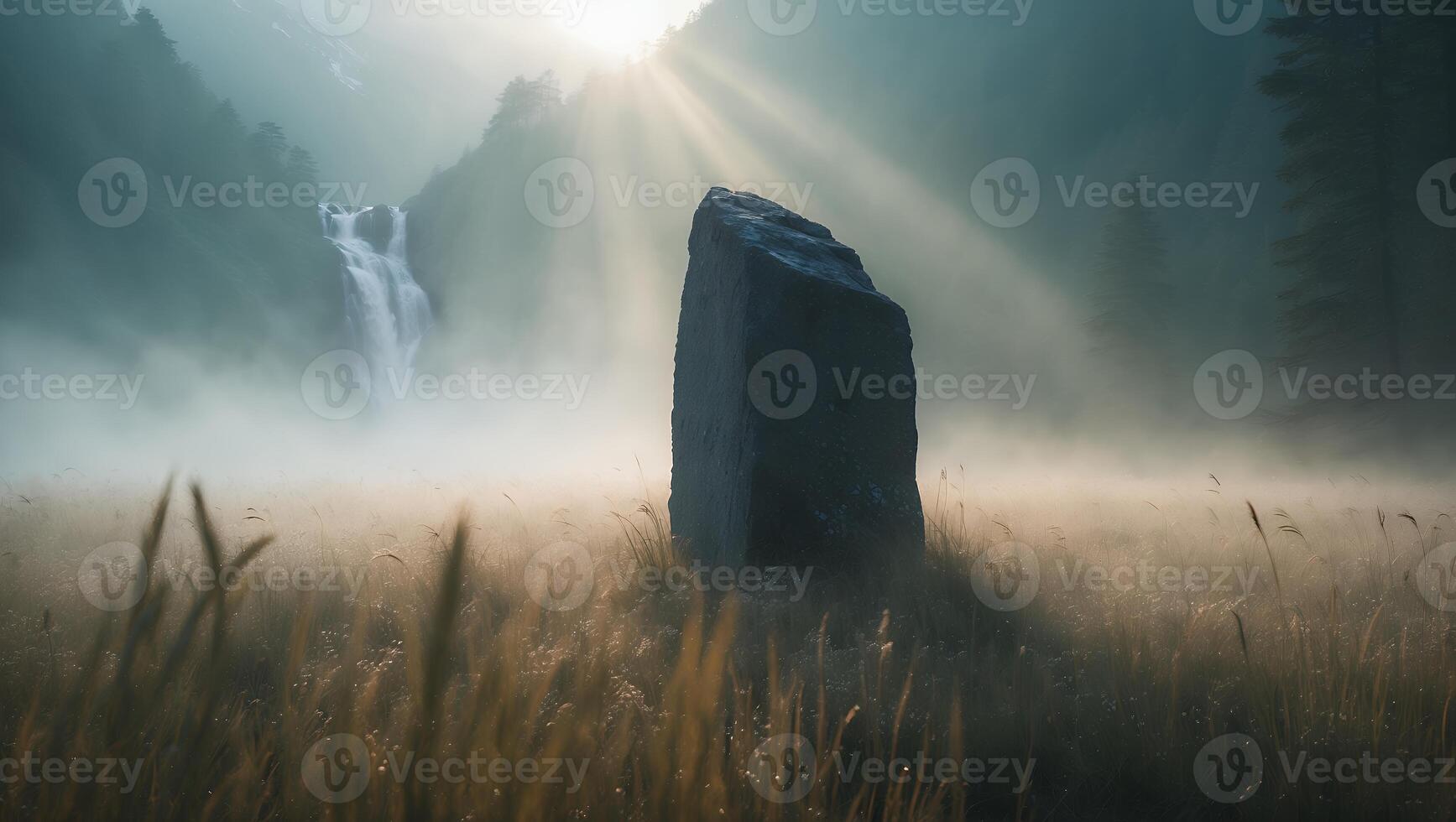 Standing Stone in Foggy Field with Waterfall and Sun Rays photo