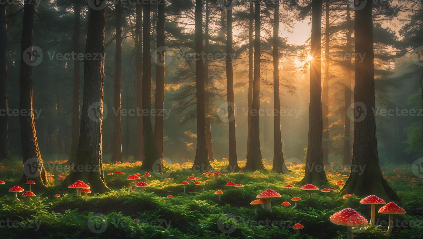 Walking Through Forest with Mushrooms and Sunlight Streaming Between the Trees photo