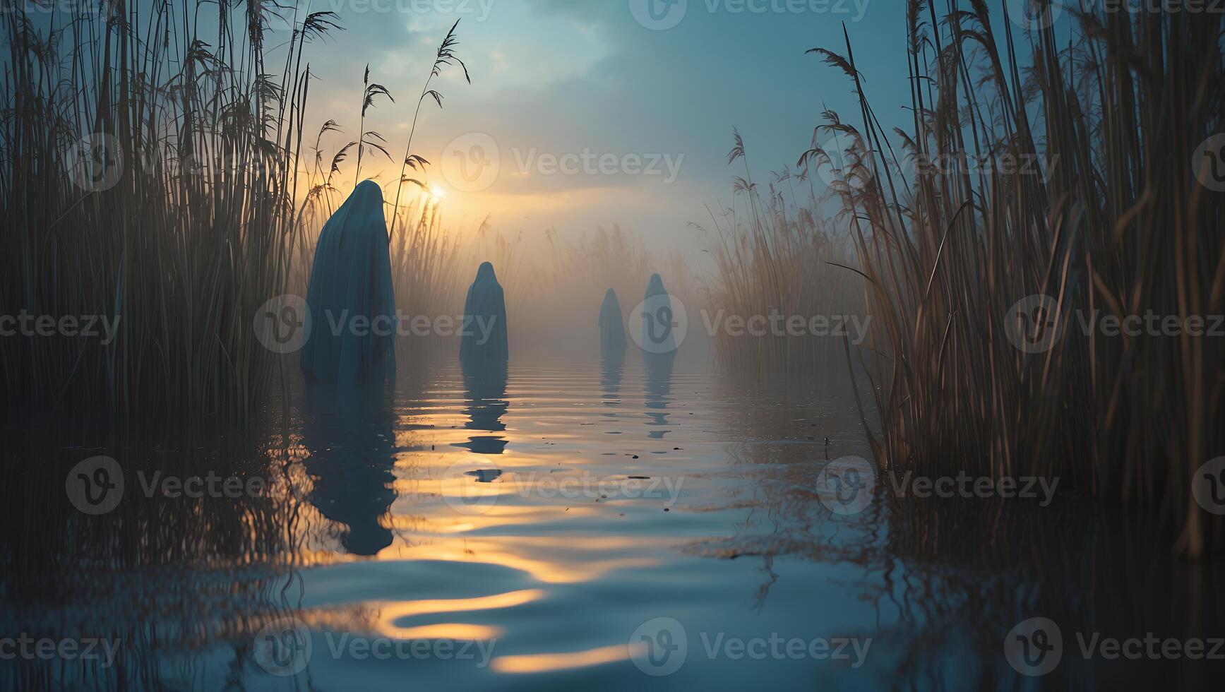 Figures Walking in Foggy Water at Sunset with Tall Grass photo