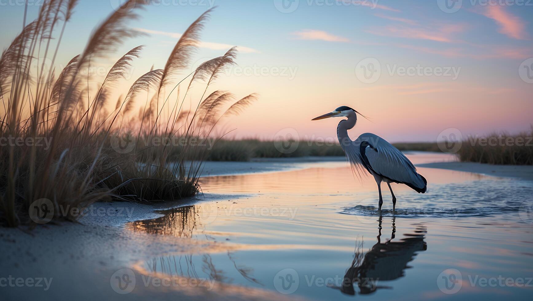 Great Blue Heron Wading in Shallow Water at Dusk with Reflections photo