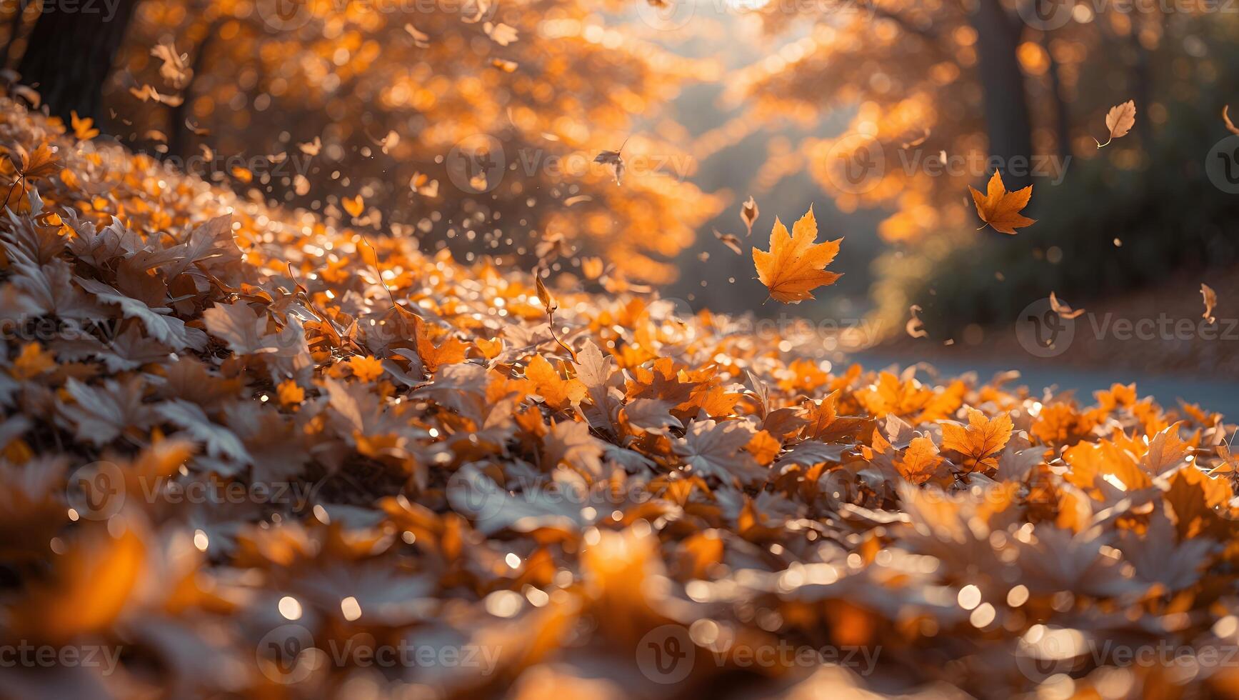 Falling Autumn Leaves Creating a Golden Path in the Woods photo