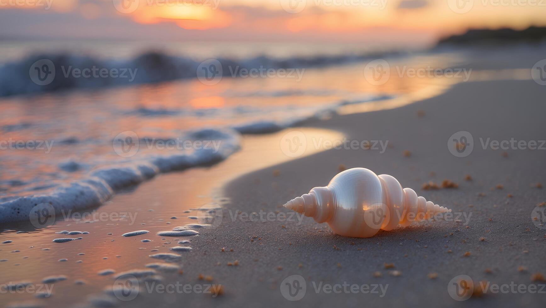 Seashell on Beach Sand at Sunset with Gentle Ocean Waves photo