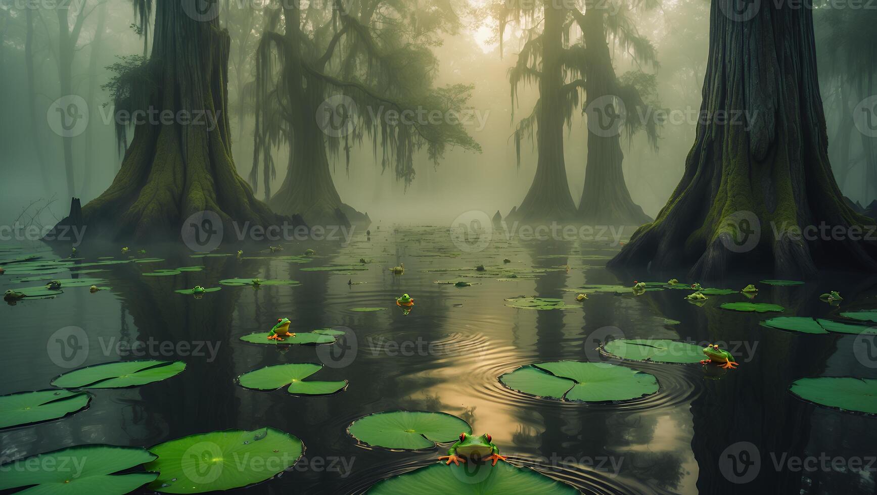 Frogs Resting on Lily Pads in Mysterious Swamp Landscape photo