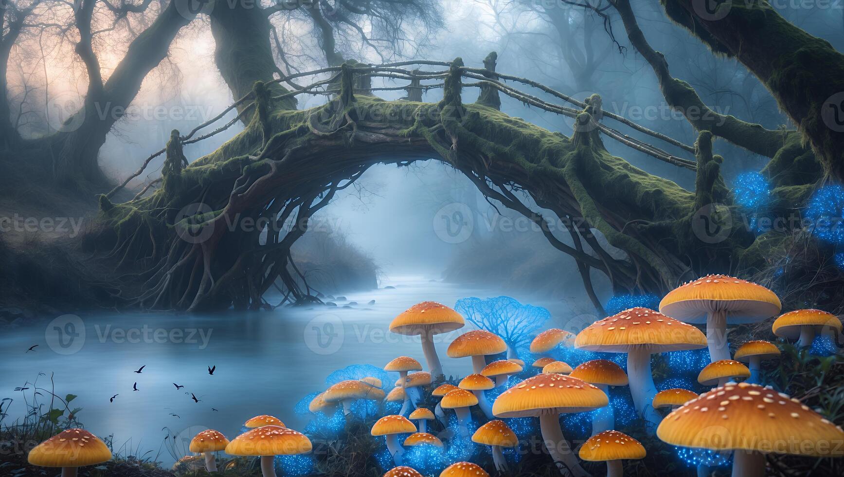 Mystical Forest Scene with Mossy Bridge and Glowing Mushrooms photo