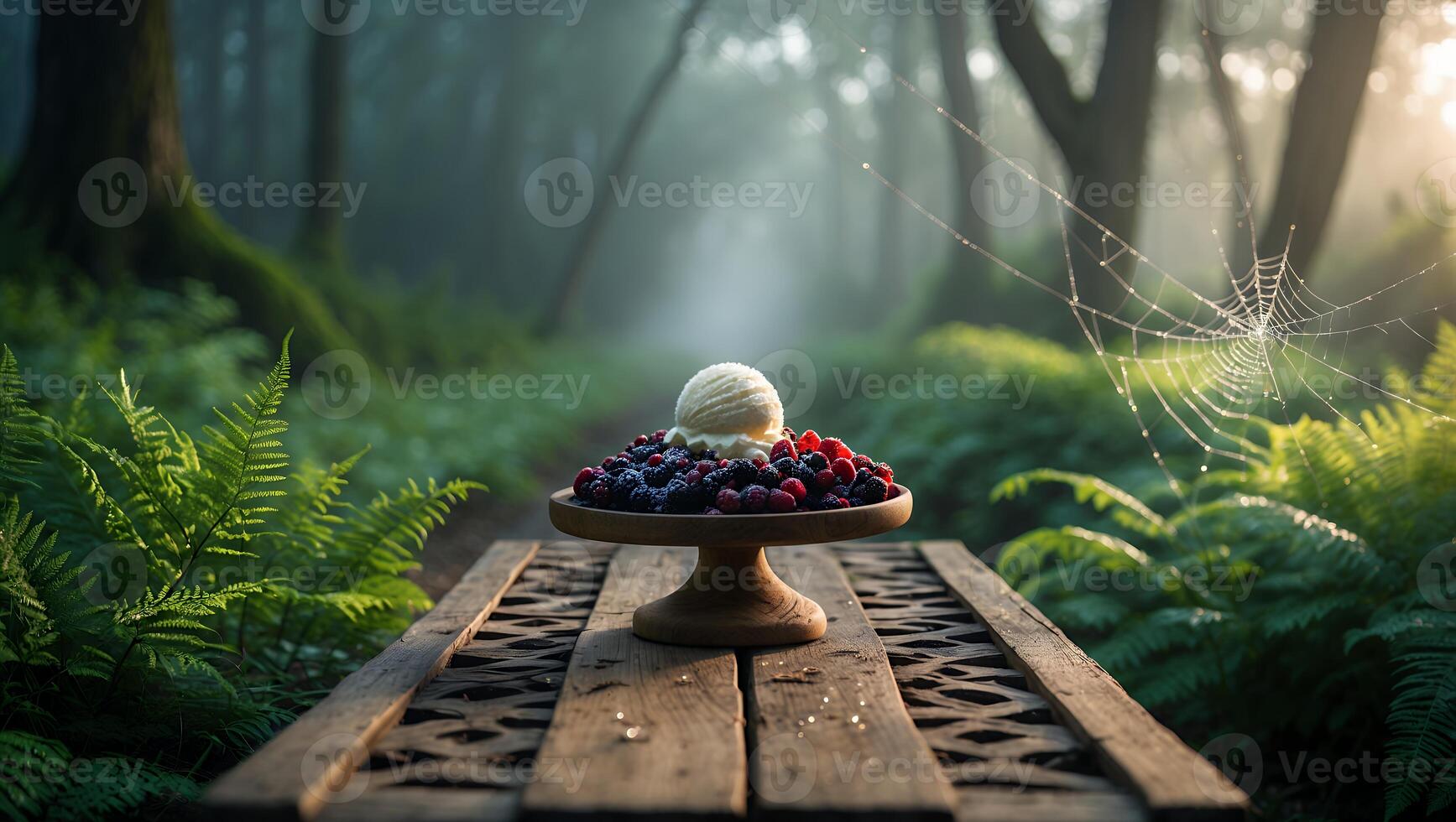 Ice Cream with Berries on Wood Table in Misty Forest Setting photo