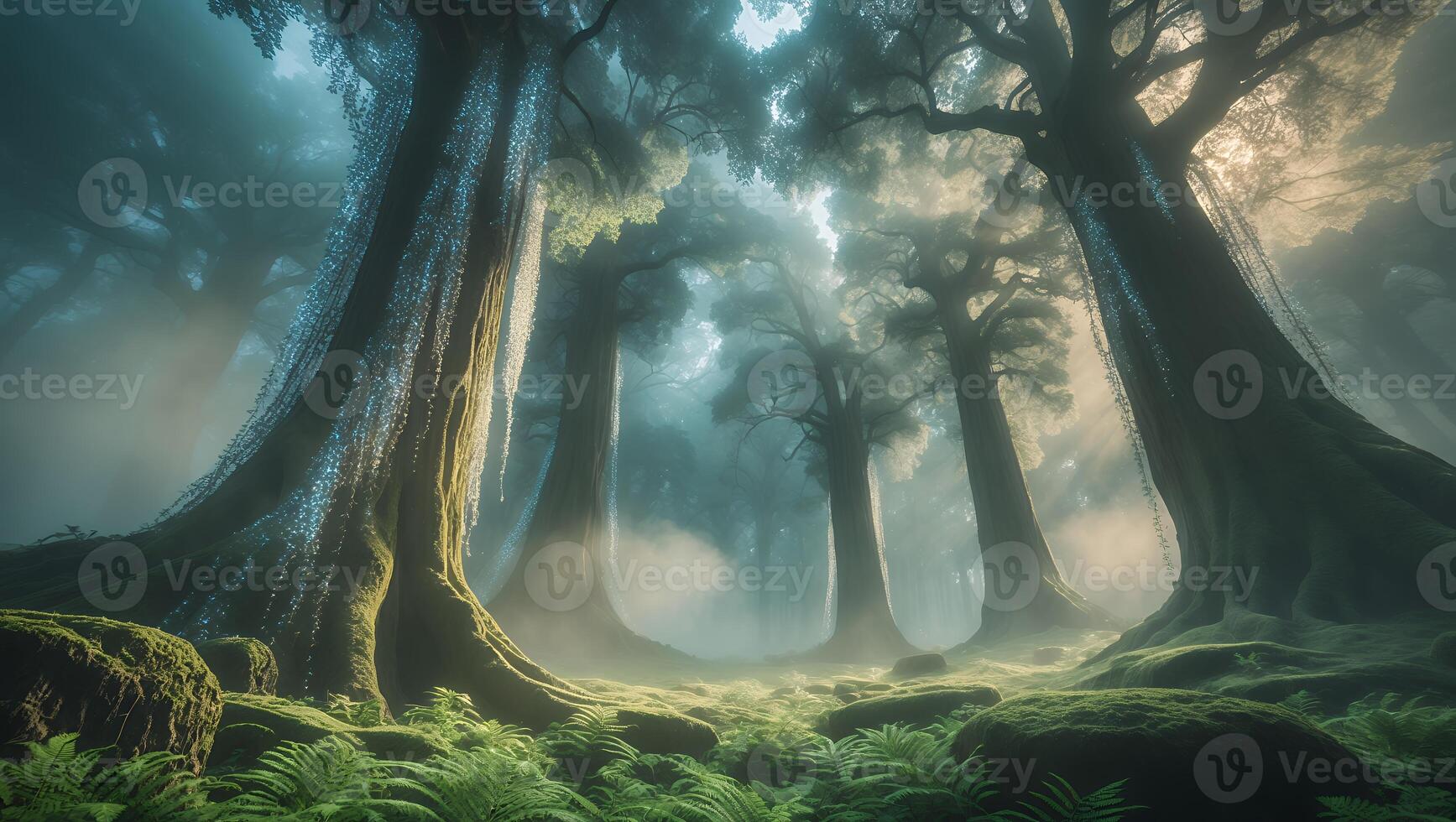 Exploring a Lush Mossy Forest with Tall Trees and Gentle Fog photo