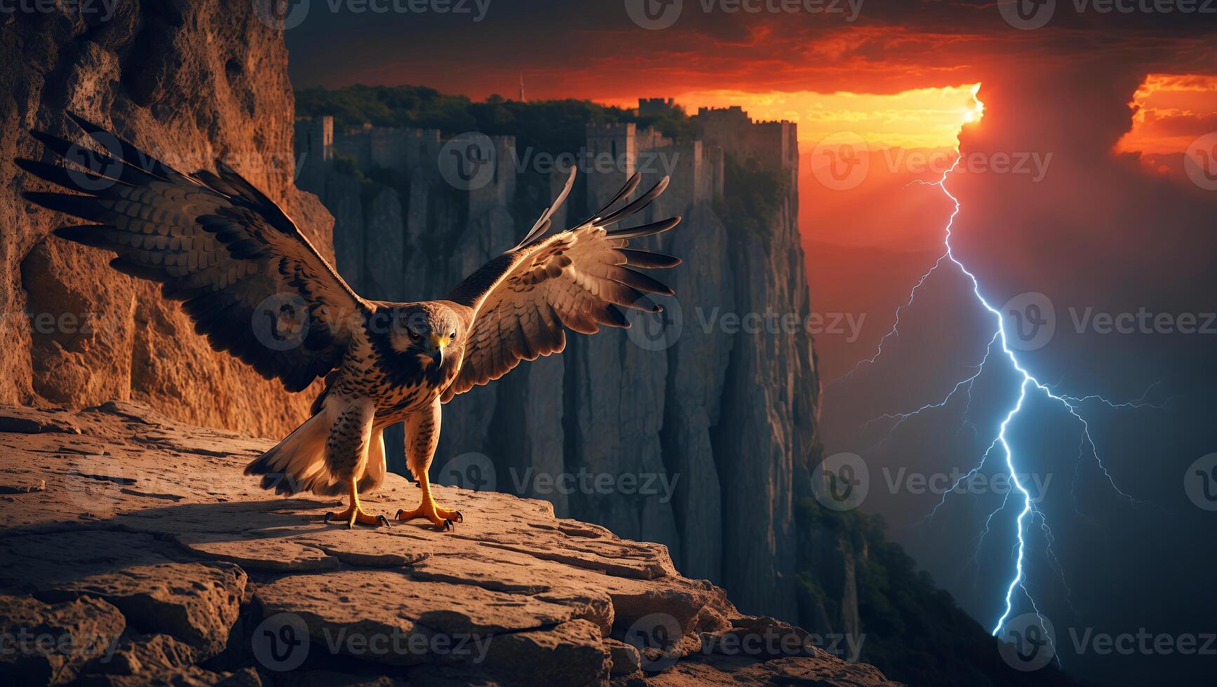 Eagle Landing on Cliff Edge with Dramatic Thunderstorm Background photo