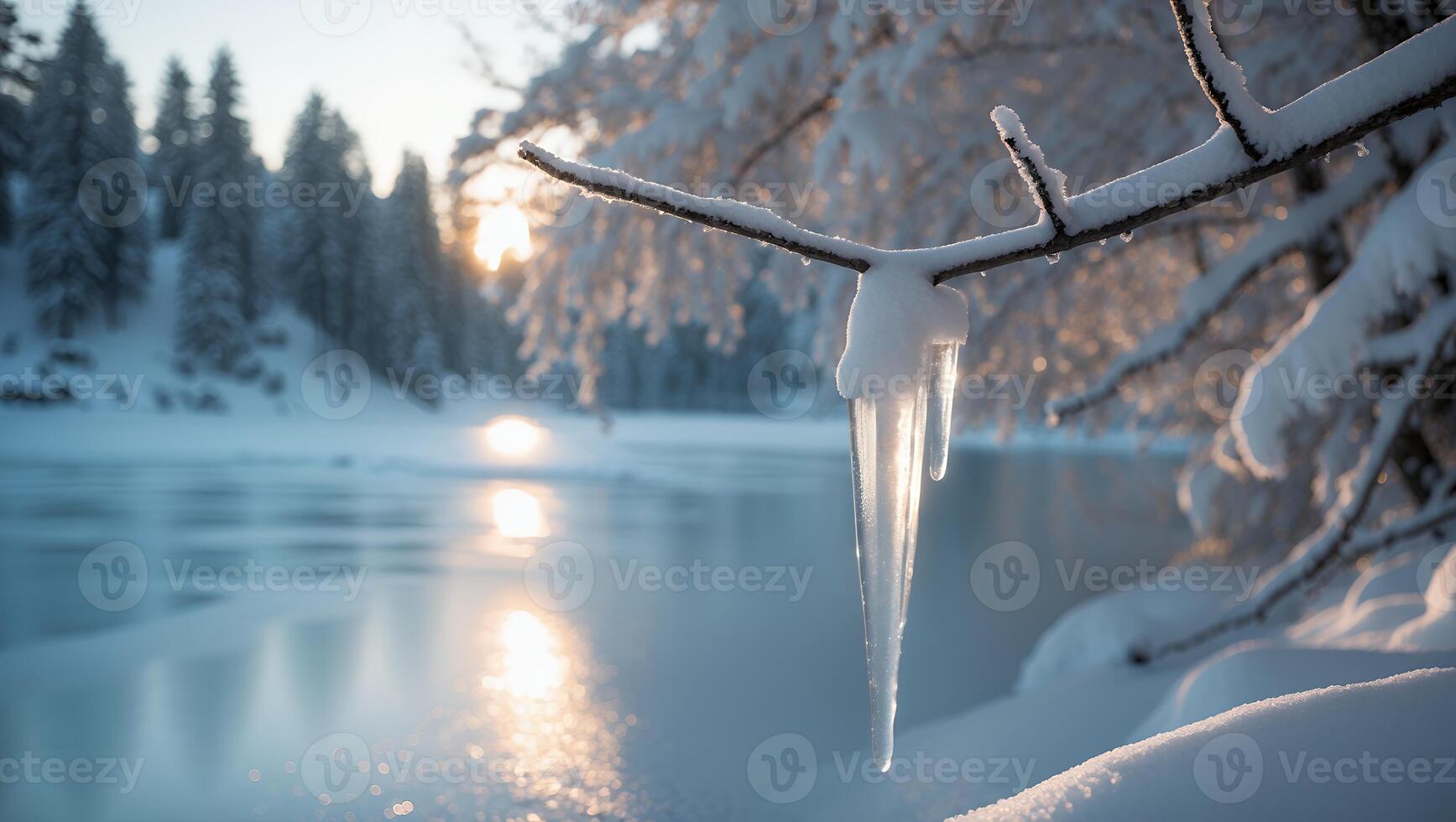 Icicle Hanging From Snowy Branch Above Frozen Lake at Sunrise photo