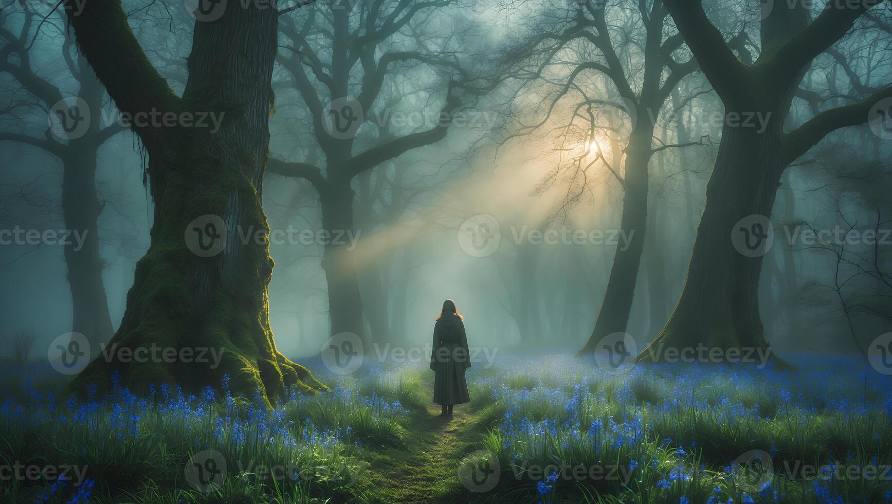 Walking Through Misty Forest Path Lined with Blue Spring Flowers photo