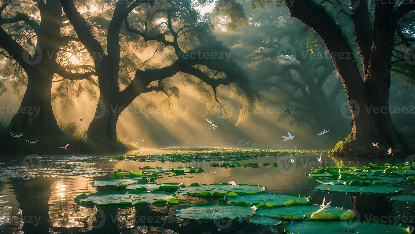 Tranquil Lake Scene with Sunlight Streaming Through Trees and Dragonflies photo