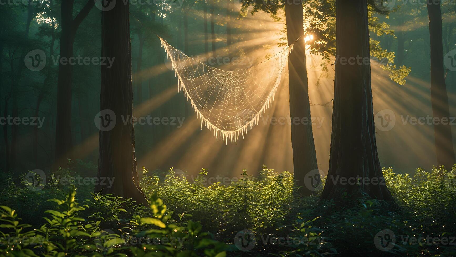 Intricate Spiderweb Hanging in Forest with Sun Rays Streaming Through Trees photo