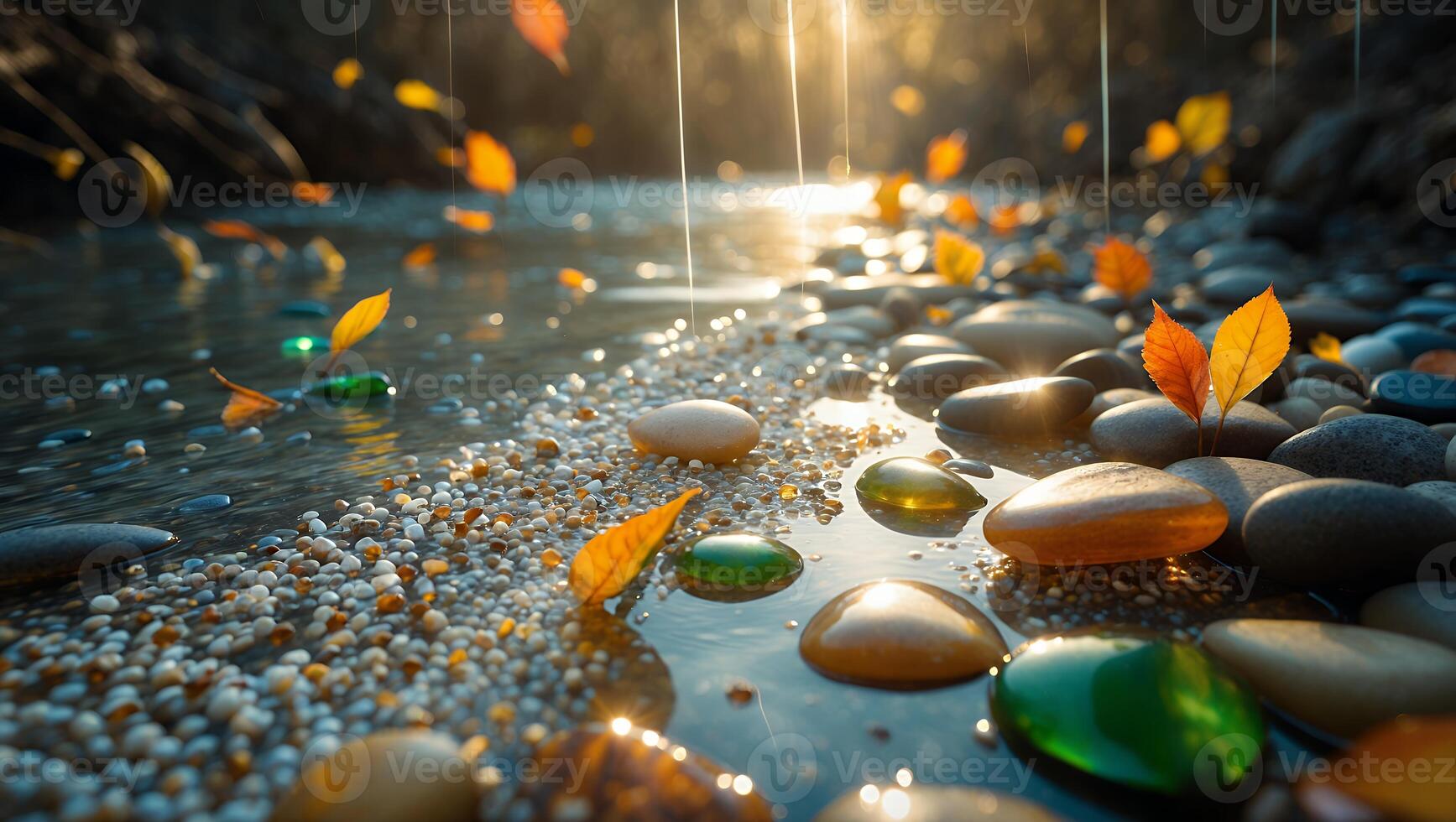 Autumn Leaves and Pebbles Along Flowing River in Soft Sunlight photo