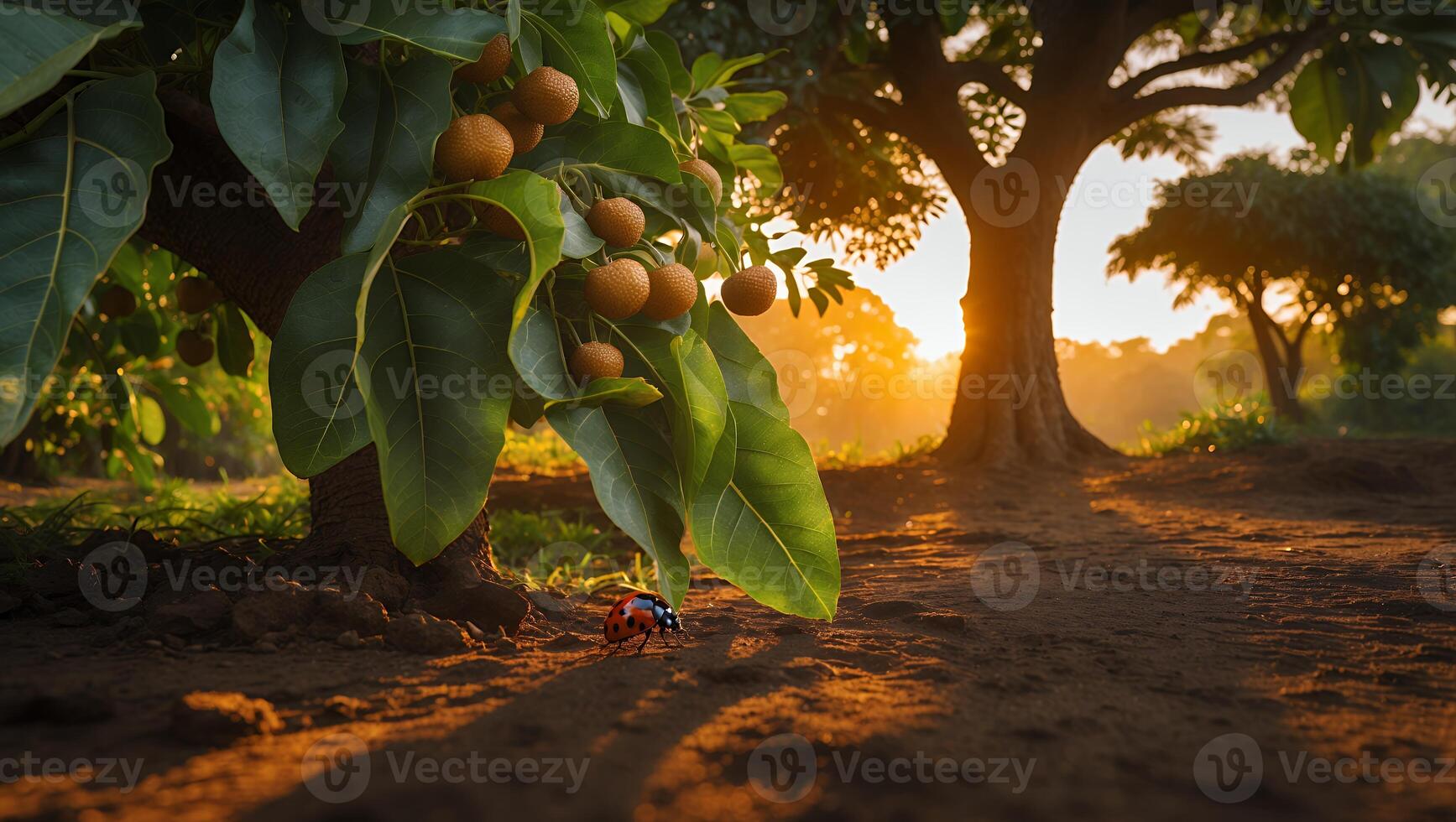 Ladybug on Ground Under Fruit Tree with Sunlight Shining Through photo