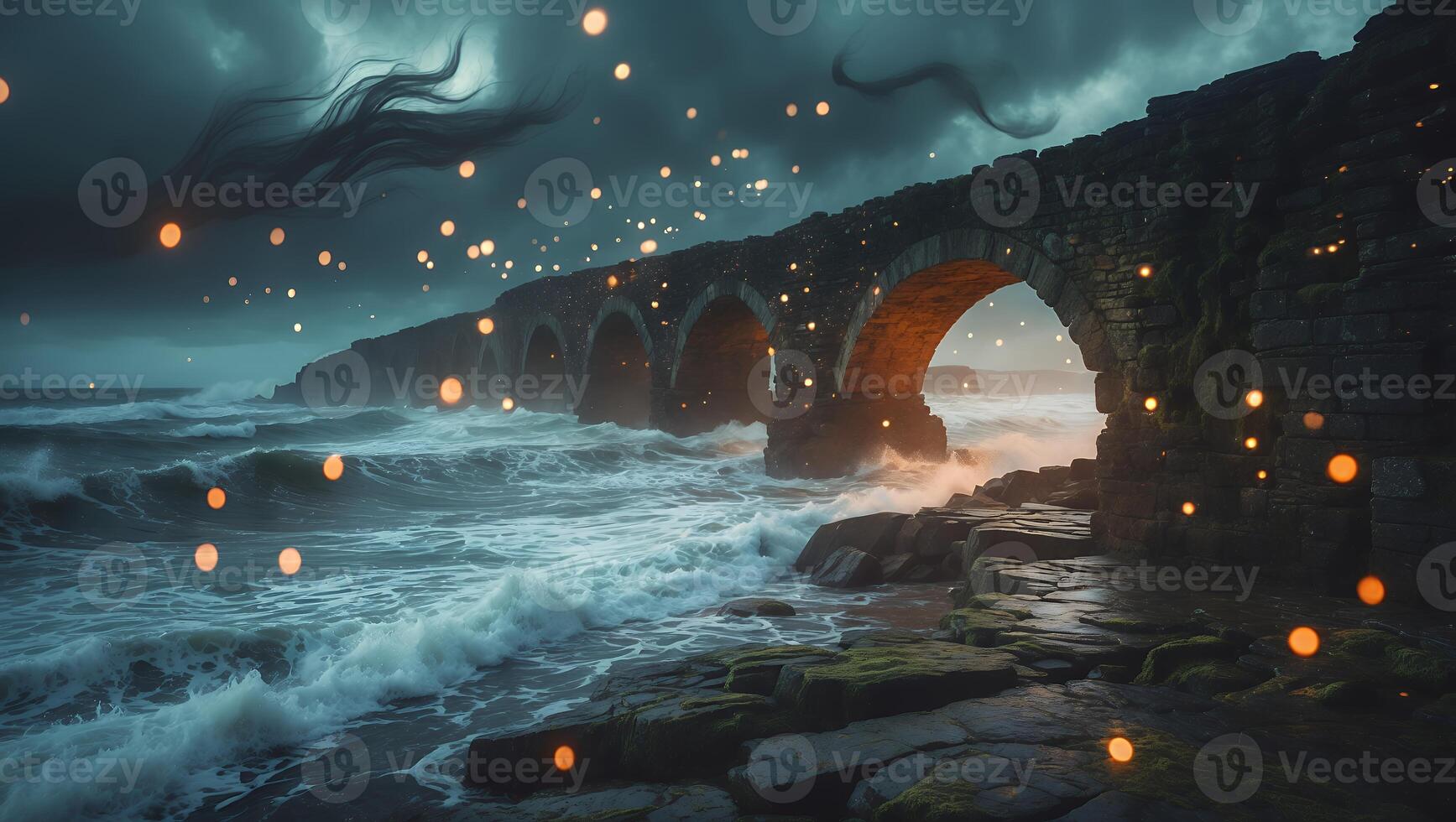 Arched Stone Bridge Along Rocky Coastline with Ocean Waves and Lights photo