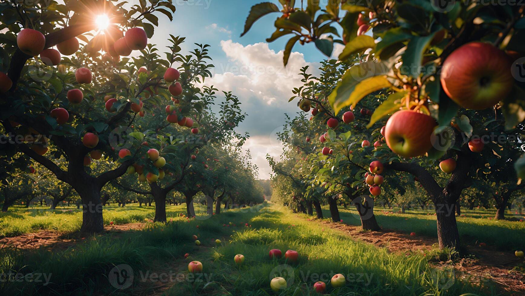 Walking Through Apple Orchard at Sunset with Light Shining Through photo