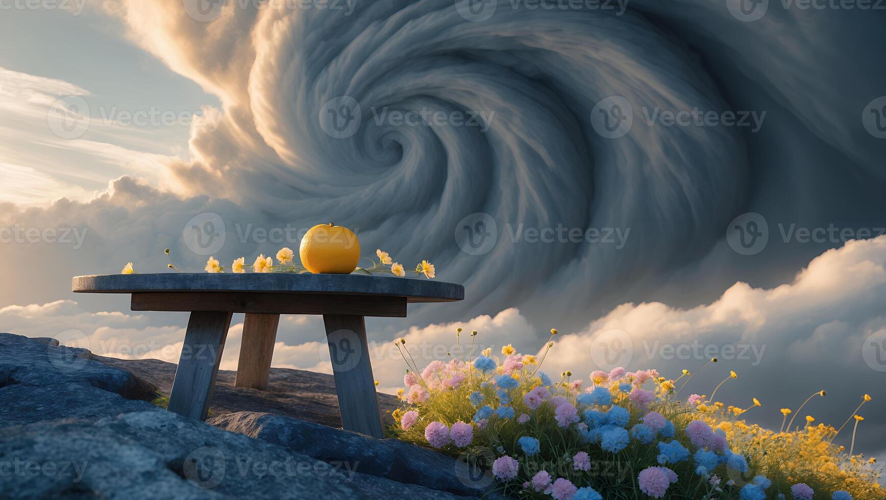 Surreal Cloud Formation Orange on Table with Wildflowers Landscape photo