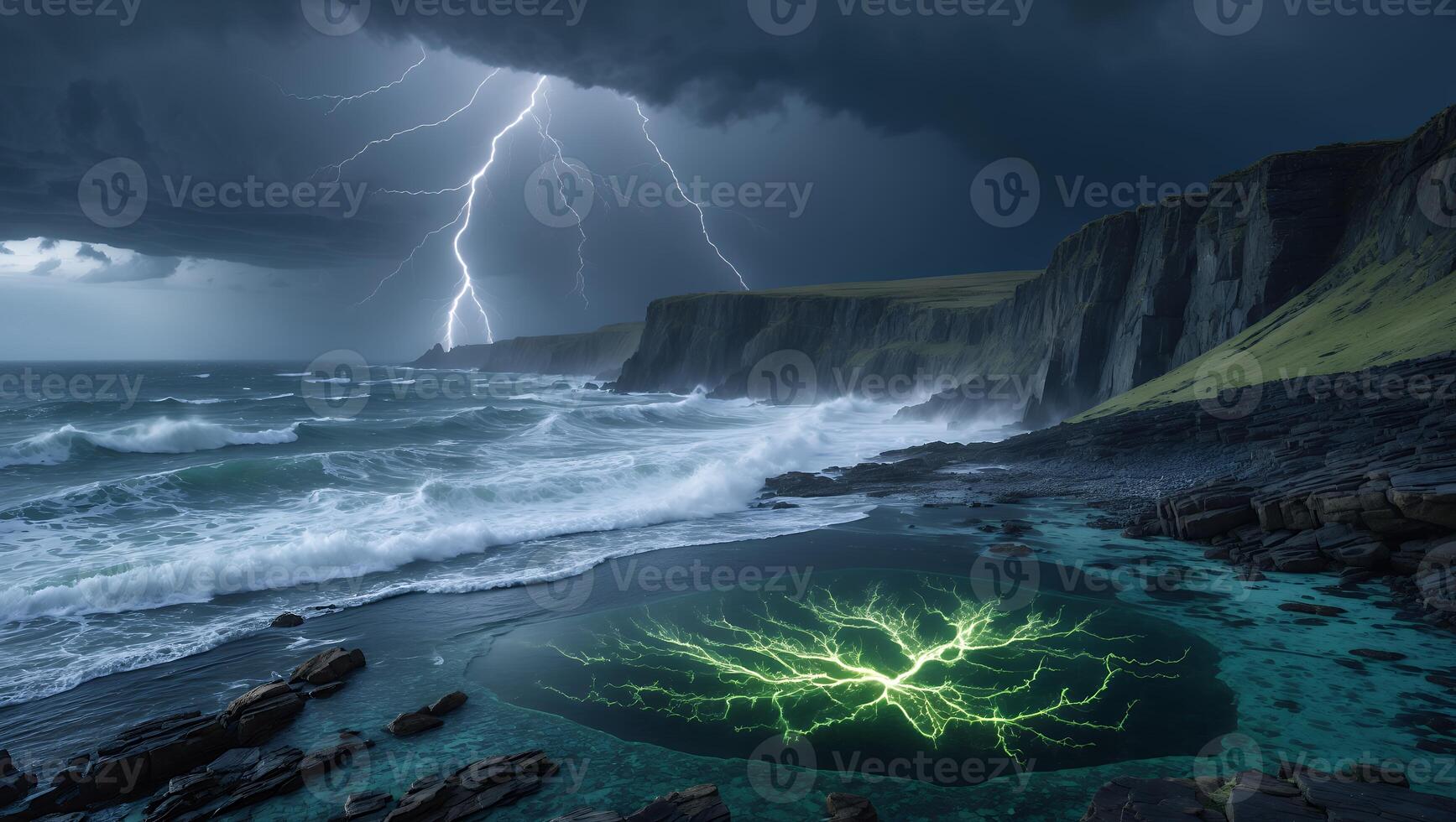 Dramatic Lightning Strikes Over Rocky Coastline with Unique Green Pool photo