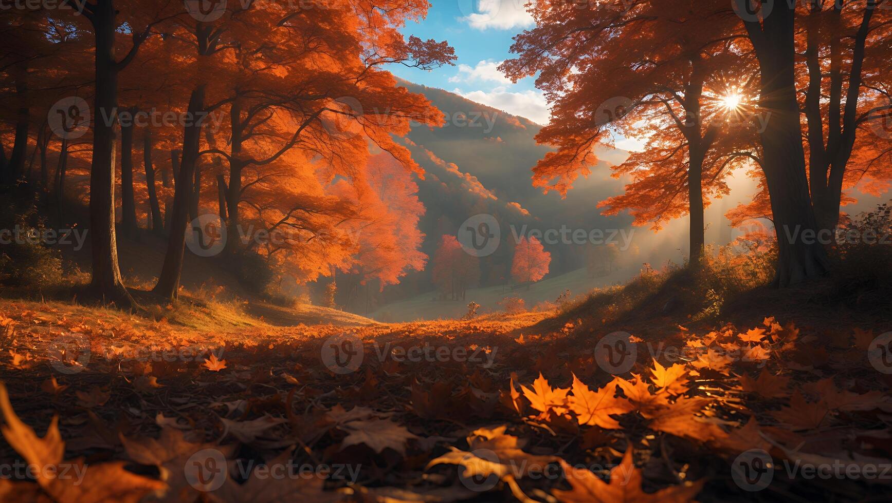 Walking Path Through an Autumn Forest with Orange Leaves and Sunlight photo