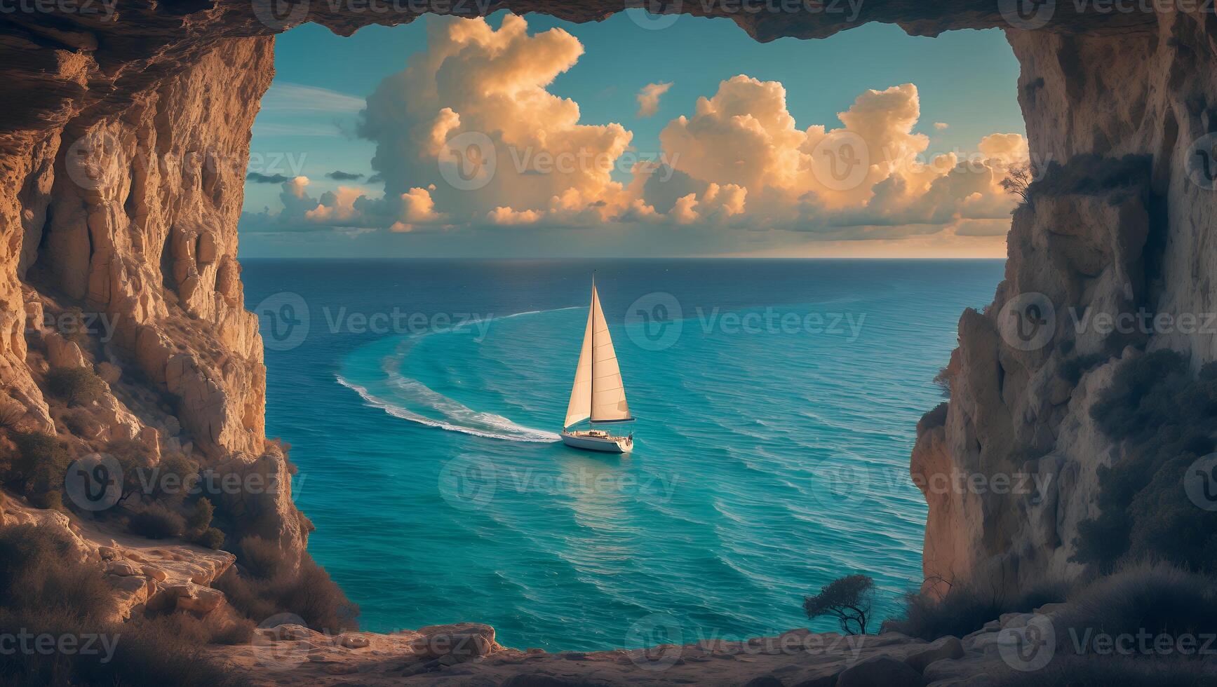 Sailing Boat Adventures on Turquoise Water Framed by Coastal Cliffs photo