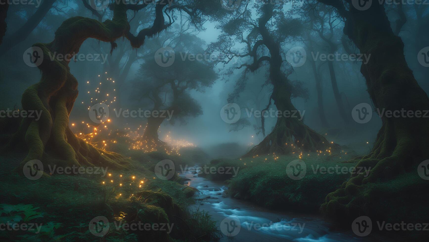 Flowing Stream Through Mystical Forest with Glowing Lights and Fog photo
