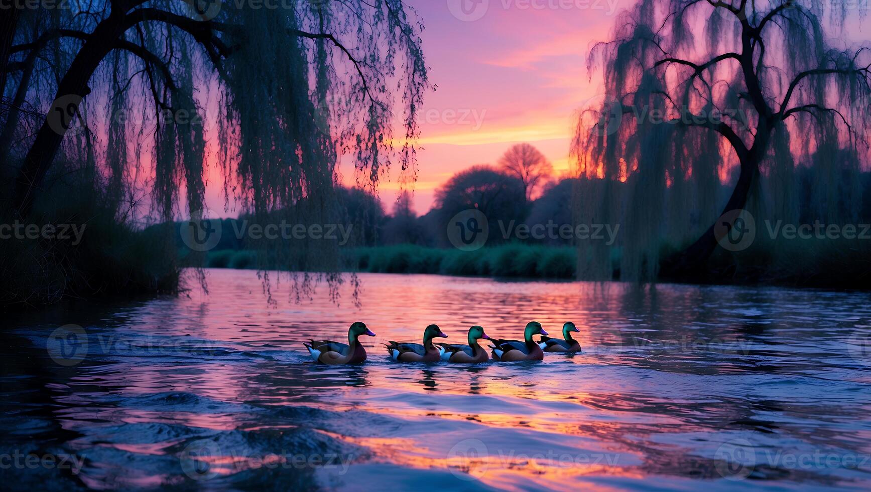 Ducks Swimming in River at Sunset with Weeping Willow Trees photo