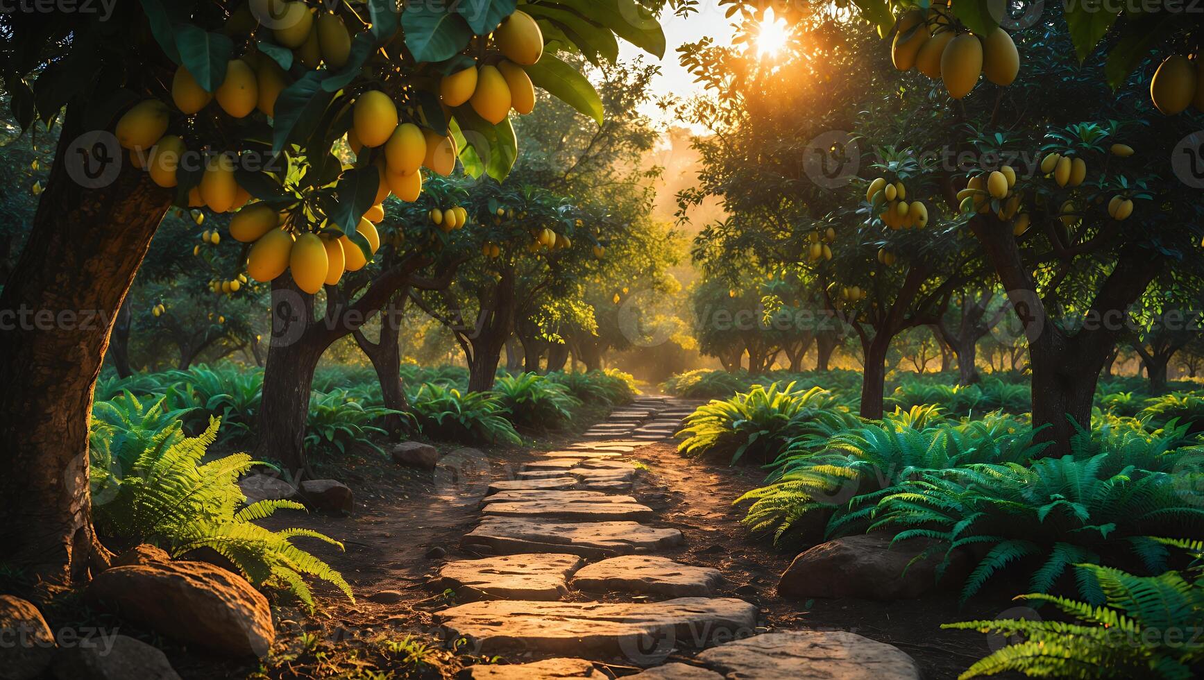 Walking on Stone Path Through Fruit Orchard at Golden Hour photo