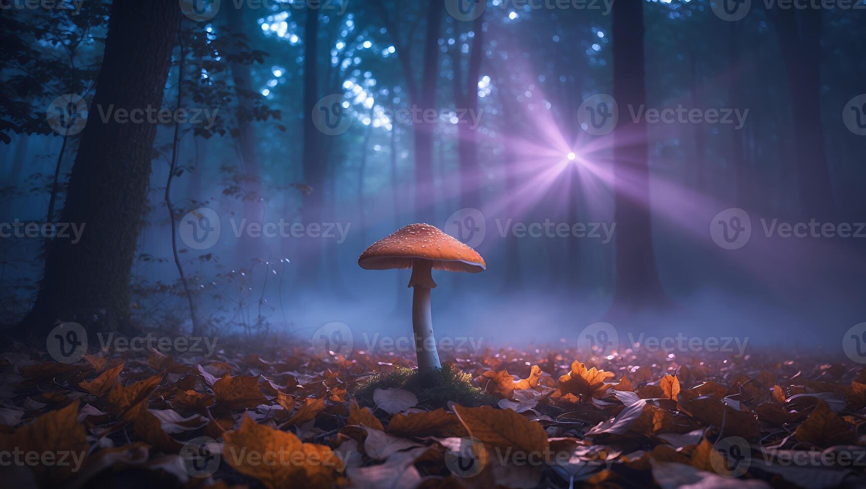 Mushroom Growing in Forest with Autumn Leaves and Foggy Backdrop photo