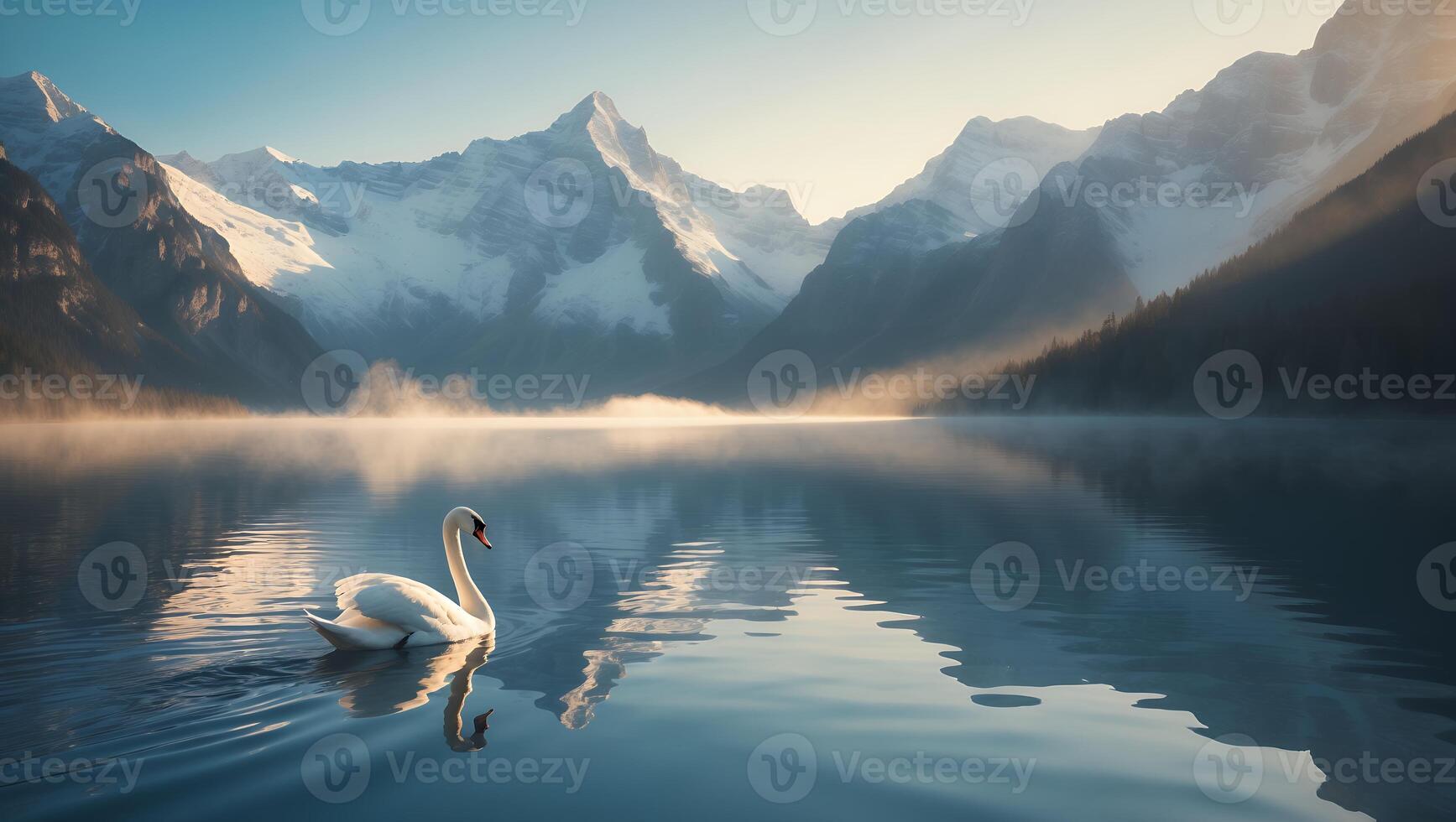 Swan Swimming on Lake with Misty Mountains in Background photo