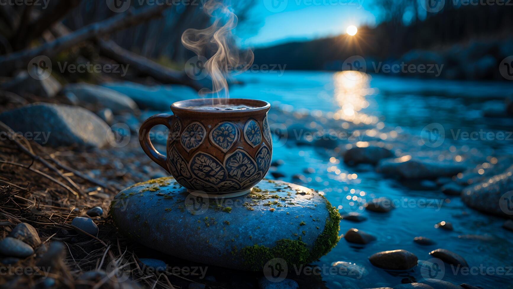 Steaming Cup on Stone Near River at Sunset Creates Peaceful Scene photo