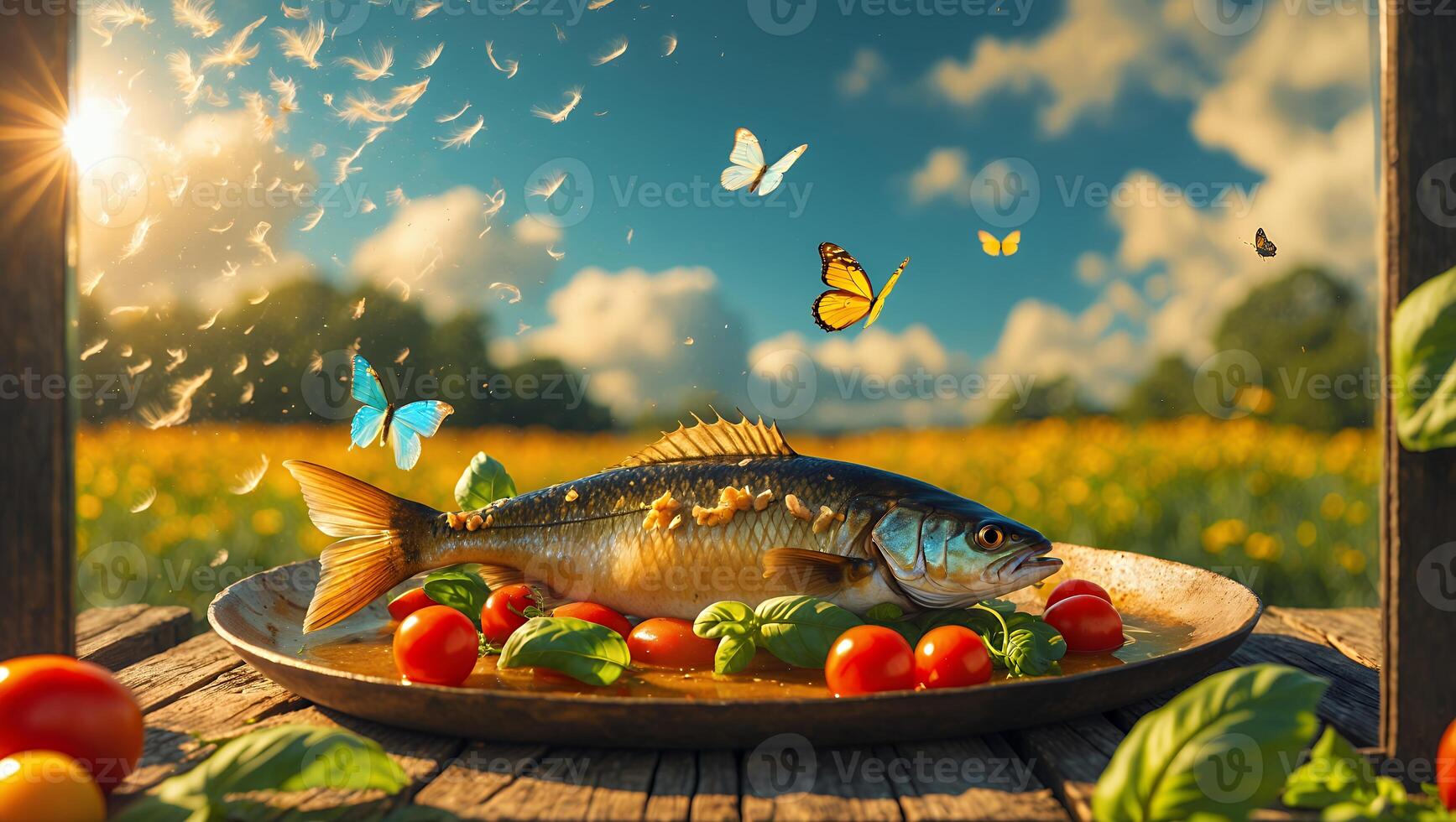 Prepared Fish with Tomatoes and Basil on a Rustic Wooden Table photo
