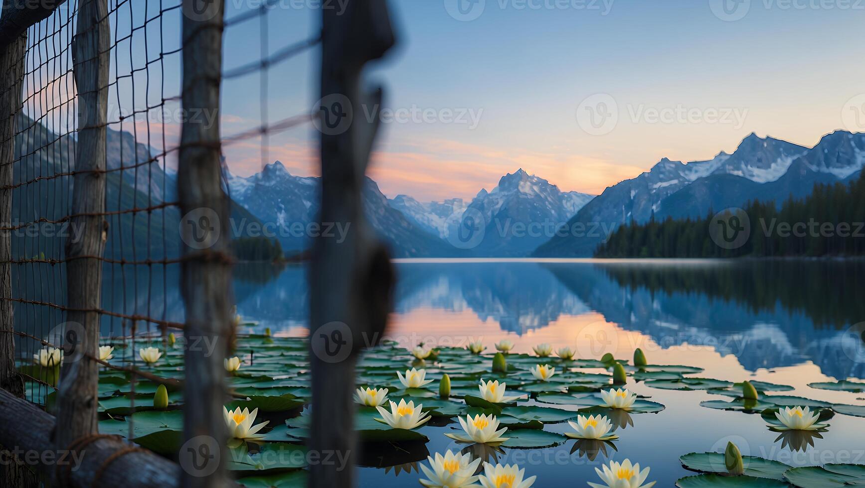 Water Lilies Floating on Lake Reflecting Mountains and Sky at Dusk photo