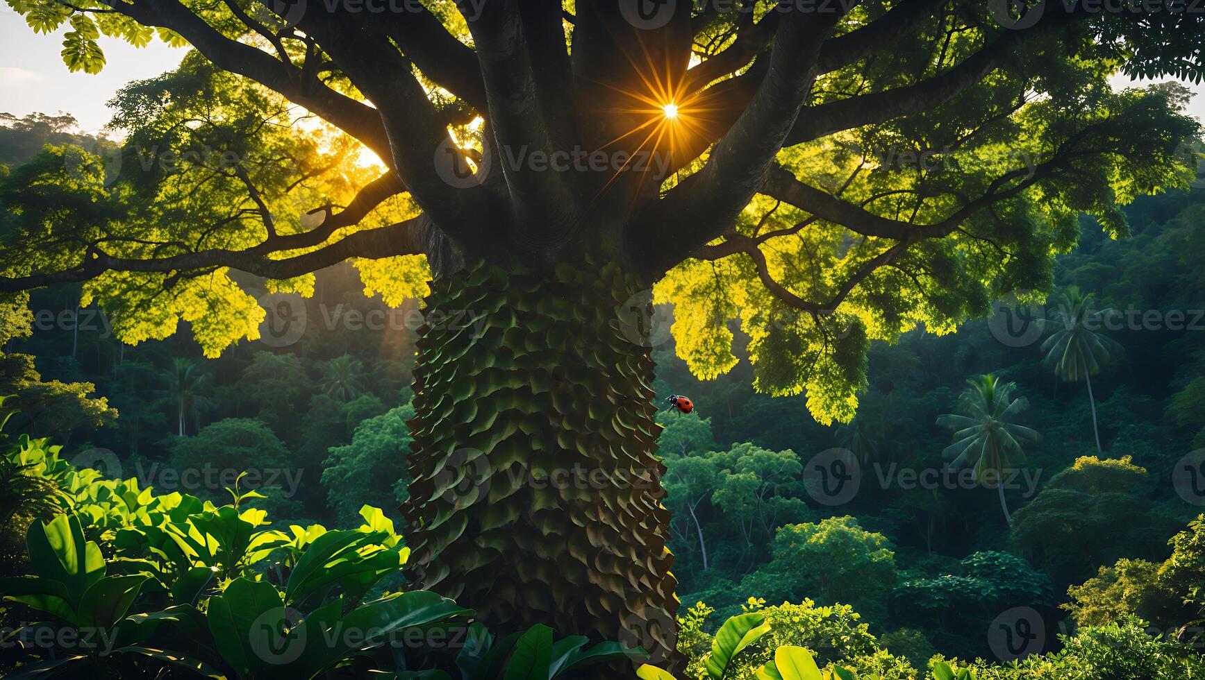 Sunlight Through Giant Tree in Lush Green Forest Landscape photo