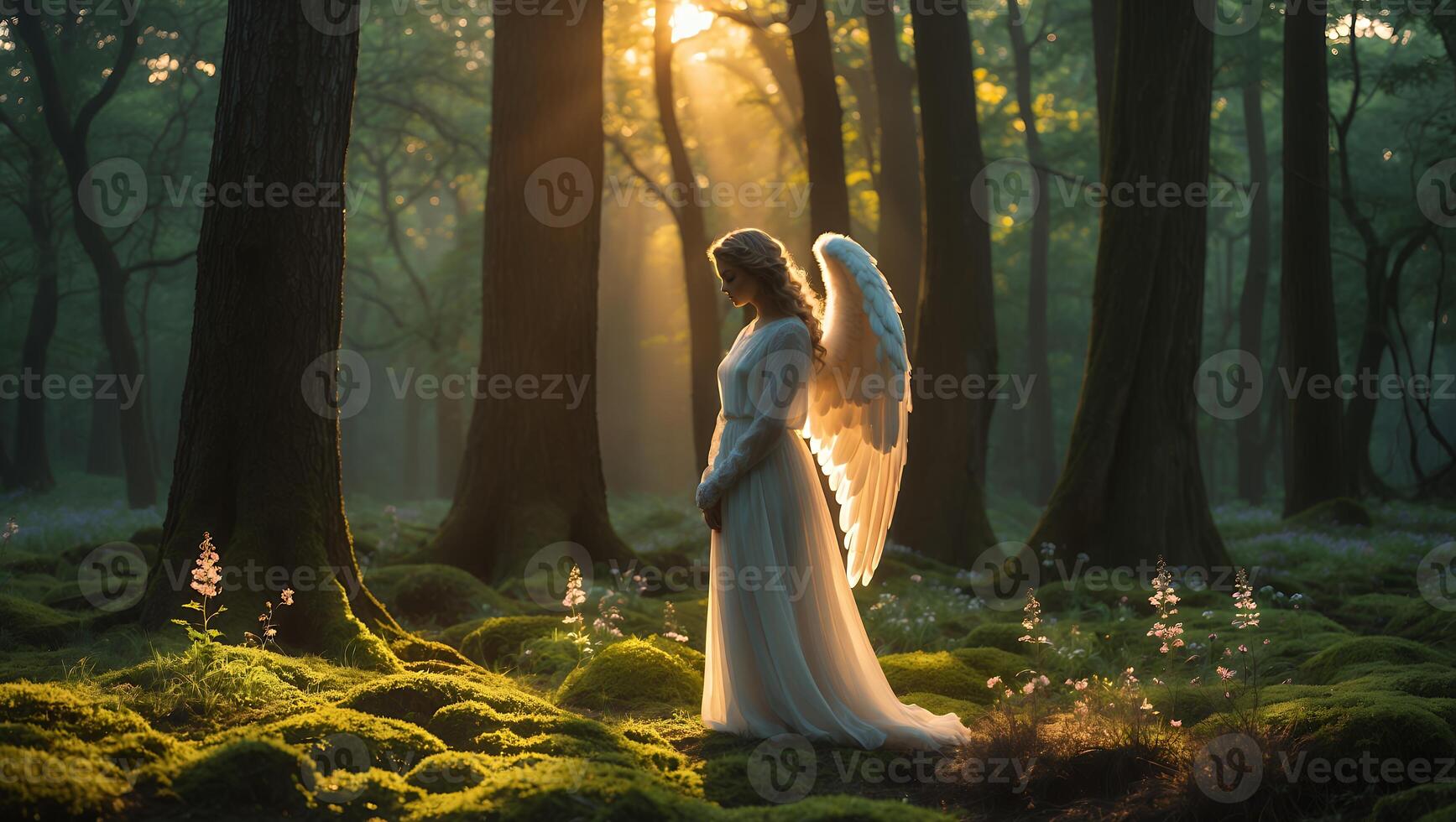 Angel Standing in Forest with Sun Rays and Mossy Ground photo