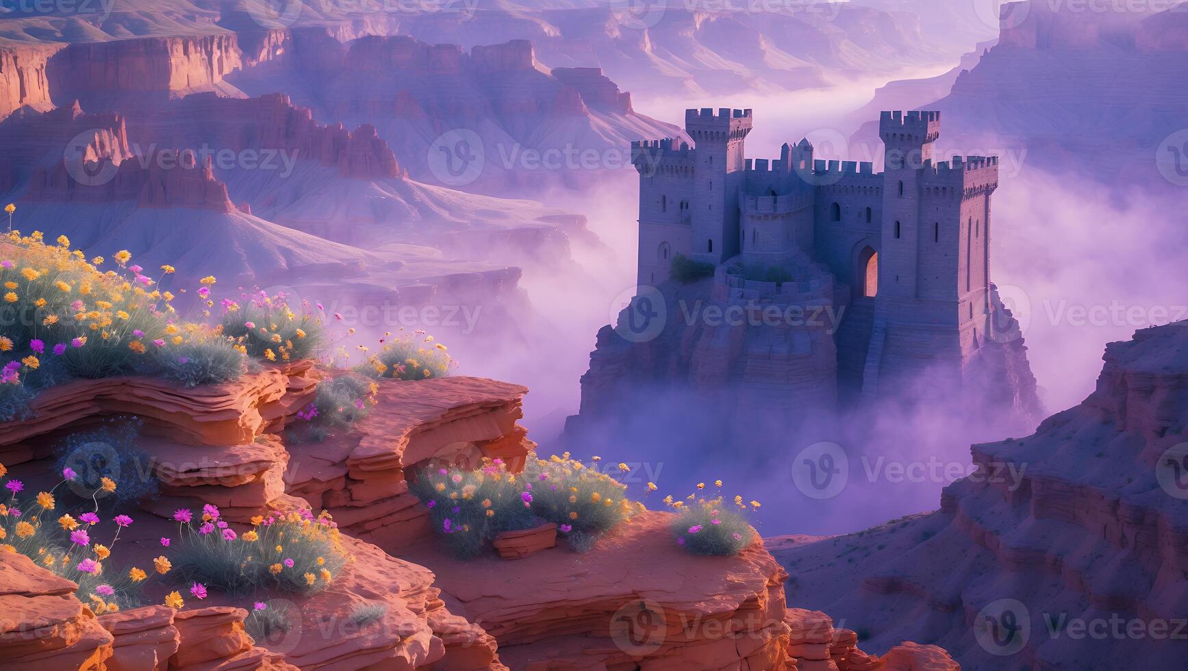 Scenic Castle on Cliffside Surrounded by Canyon and Desert Flowers photo